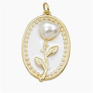 Copper Flower Pendant Pave Resin White Enamel Oval Gold Plated, approx 20-26mm [FD27446]