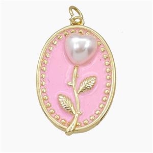Copper Flower Pendant Pave Resin Pink Enamel Oval Gold Plated, approx 20-26mm [FD27447]