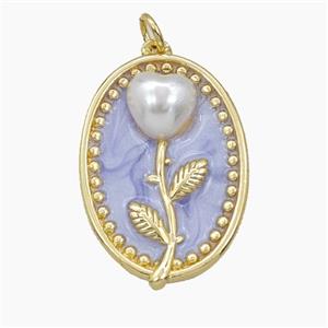 Copper Flower Pendant Pave Resin Lavender Enamel Oval Gold Plated, approx 20-26mm [FD27449]