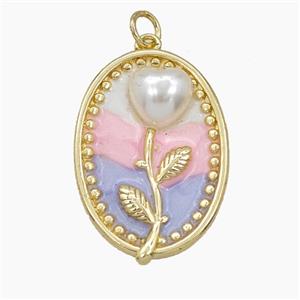 Copper Flower Pendant Pave Resin Enamel Oval Gold Plated, approx 20-26mm [FD27450]