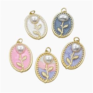 Copper Flower Pendant Pave Resin Enamel Oval Gold Plated Mixed, approx 20-26mm [FD27451]