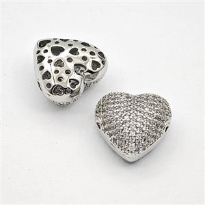 Copper Heart Beads Pave Zirconia Platinum Plated, approx 15mm [FD27476]