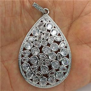 Copper Teardrop Pendant Micropave Zirconia Flat Platinum Plated, approx 37-50mm [FD27478]
