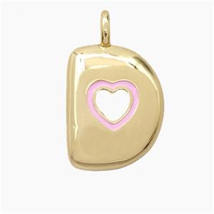 Copper Letter-D Pendant Pink Enamel Heart Gold Plated, approx 11-18mm [FD27796]