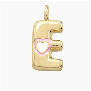 Copper Letter-E Pendant Pink Enamel Heart Gold Plated, approx 11-18mm [FD27797]