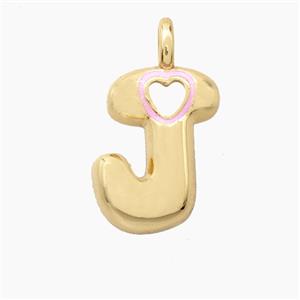 Copper Letter-J Pendant Pink Enamel Heart Gold Plated, approx 11-18mm [FD27802]