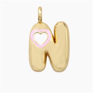Copper Letter-N Pendant Pink Enamel Heart Gold Plated, approx 11-18mm [FD27806]
