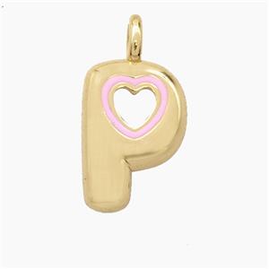 Copper Letter-P Pendant Pink Enamel Heart Gold Plated, approx 11-18mm [FD27808]