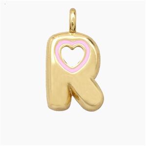 Copper Letter-R Pendant Pink Enamel Heart Gold Plated, approx 11-18mm [FD27810]