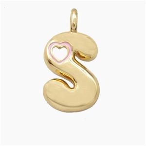 Copper Letter-S Pendant Pink Enamel Heart Gold Plated, approx 11-18mm [FD27811]