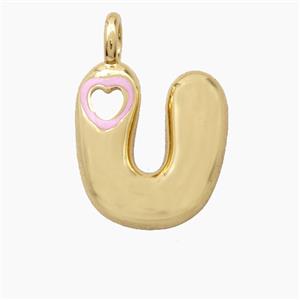 Copper Letter-U Pendant Pink Enamel Heart Gold Plated, approx 11-18mm [FD27813]