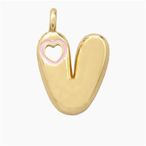 Copper Letter-V Pendant Pink Enamel Heart Gold Plated, approx 11-18mm [FD27814]