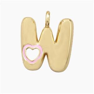 Copper Letter-W Pendant Pink Enamel Heart Gold Plated, approx 11-18mm [FD27815]