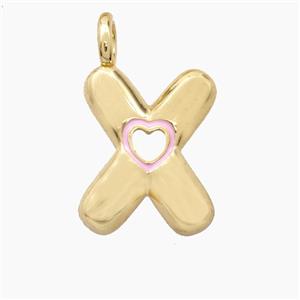 Copper Letter-X Pendant Pink Enamel Heart Gold Plated, approx 11-18mm [FD27816]