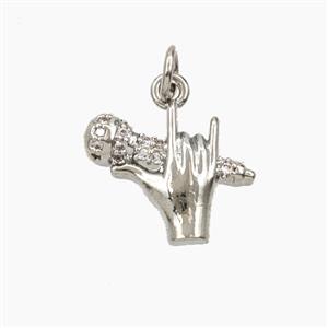 Copper Microphone Hand Pendant Pave Zirconia Platinum Plated, approx 13-16mm [FD27959]