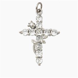 Copper Cross Pendant Pave Zirconia Flower Platinum Plated, approx 18-24mm [FD28007]