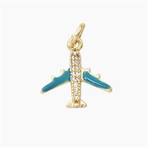 Enamel Airplane Pendant Pave Zirconia Teal Enamel Gold Plated, approx 14mm [FD28033]