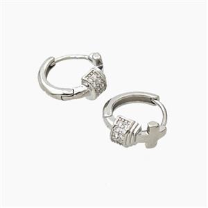 Copper Hoop Earrings Pave Zirconia Cross Platinum Plated, approx 14mm [FD28060]