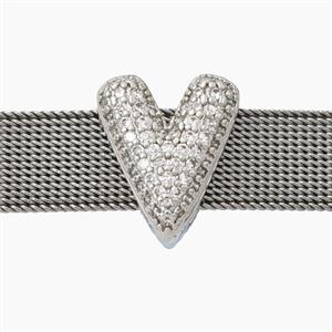 Copper Letter-V Beads Pave Zirconia Flat Hole Platinum Plated, approx 13.5-16mm, 3-11mm hole [FD28069]