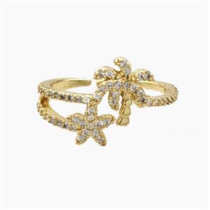 Copper Rings Pave Zirconia Starfish Coconut Tree Gold Plated, approx 9-14mm, 18mm dia [FD28184]