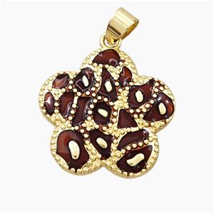 Copper Flower Pendant DarkRed Enamel Bohemia Style Gold Plated, approx 25mm [FD28189]