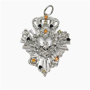 Copper Crown Heart Pendant Pave Zirconia Platinum Plated, approx 20-25mm [FD28261]