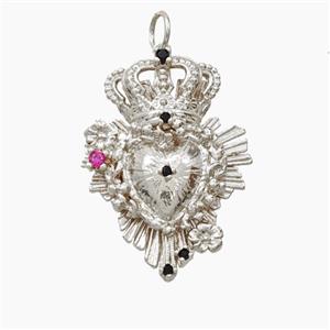 Copper Crown Heart Pendant Pave Zirconia Platinum Plated, approx 20-26mm [FD28263]