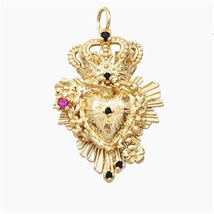 Copper Crown Heart Pendant Pave Zirconia Gold Plated, approx 20-26mm [FD28264]