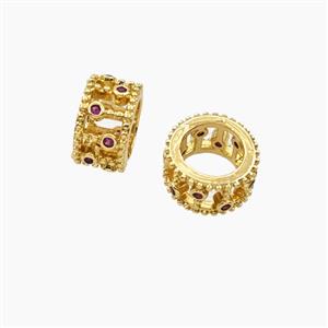 Copper Rondelle Beads Micropave Zirconia Large Hole Gold Plated, approx 10mm, 6mm hole [FD28529]