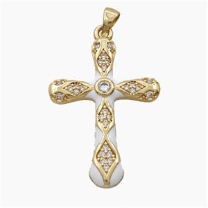 Copper Cross Pendant Pave Zirconia White Enamel Gold Plated, approx 25-35mm [FD28664]