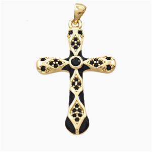 Copper Cross Pendant Pave Zirconia Black Enamel Gold Plated, approx 25-35mm [FD28665]