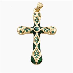 Copper Cross Pendant Pave Zirconia Green Enamel Gold Plated, approx 25-35mm [FD28667]