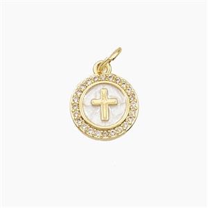 Copper Cross Pendant Pave Zirconia Enamel Circle Gold Plated, approx 10mm [FD28676]