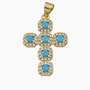 Copper Cross Pendant Pave Turqblue Zirconia Gold Plated, approx 17-23mm [FD28692]