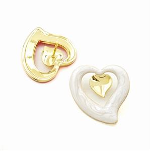 Copper Heart Stud Earrings White Enamel Gold Plated, approx 22mm [FD28799]