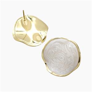 Copper Coin Stud Earrings White Enamel Gold Plated, approx 25mm [FD28805]