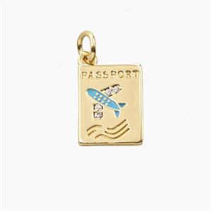 Copper Passport Pendant Pave Zirconia Airplane Enamel Travel Gold Plated, approx 9.5-12mm [FD28967]