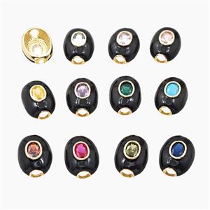 Copper Oval Beads Pave Zirconia Black Enamel Large Hole Gold Plated Mixed, approx 16-20mm, 4mm hole [FD29079]