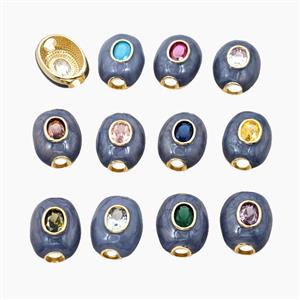Copper Oval Beads Pave Zirconia Grayblue Enamel Large Hole Gold Plated Mixed, approx 16-20mm, 4mm hole [FD29082]
