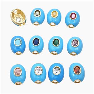 Copper Oval Beads Pave Zirconia Turqblue Enamel Large Hole Gold Plated Mixed, approx 16-20mm, 4mm hole [FD29083]