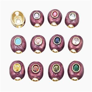 Copper Oval Beads Pave Zirconia Fuchsia Enamel Large Hole Gold Plated Mixed, approx 16-20mm, 4mm hole [FD29084]