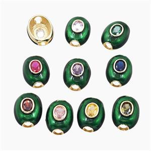 Copper Oval Beads Pave Zirconia Green Enamel Large Hole Gold Plated Mixed, approx 16-20mm, 4mm hole [FD29085]