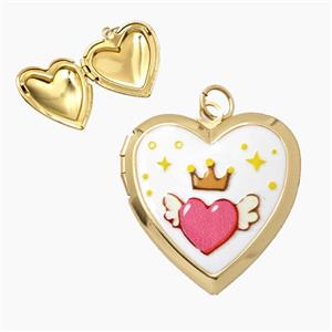 Copper Heart Locket Pendant Painted Heart Crown Gold Plated, approx 23mm [FD29100]