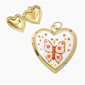 Copper Heart Locket Pendant Painted Butterfly Gold Plated, approx 23mm [FD29101]