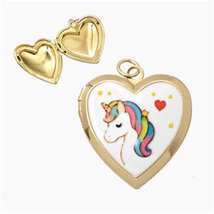 Copper Heart Locket Pendant Painted Unicorn Gold Plated, approx 23mm [FD29104]