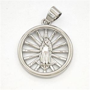 Copper Virgin Mary Circle Pendant Platinum Plated, approx 20mm [FD29338]