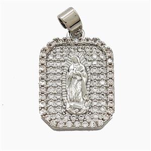 Copper Virgin Mary Pendant Pave Zirconia Rectangle Platinum Plated, approx 15-20mm [FD29364]