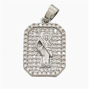 Copper Santa Muerte Pendant Pave Zirconia Halloween Rectangle Platinum Plated, approx 15-20mm [FD29366]
