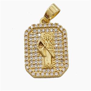 Copper Santa Muerte Pendant Pave Zirconia Halloween Rectangle Gold Plated, approx 15-20mm [FD29367]