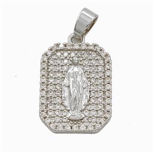 Copper Virgin Mary Pendant Pave Zirconia Rectangle Platinum Plated, approx 15-20mm [FD29368]